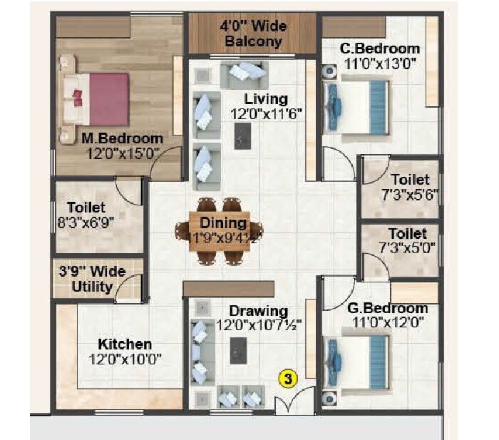 Floor plan of 3 BHK 1758 Sq. Ft. Apartment in I Homes Praramb, Hyderabad