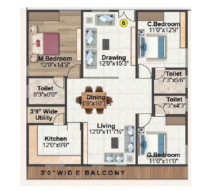 Floor plan of 3 BHK 1803 Sq. Ft. Apartment in I Homes Praramb, Hyderabad