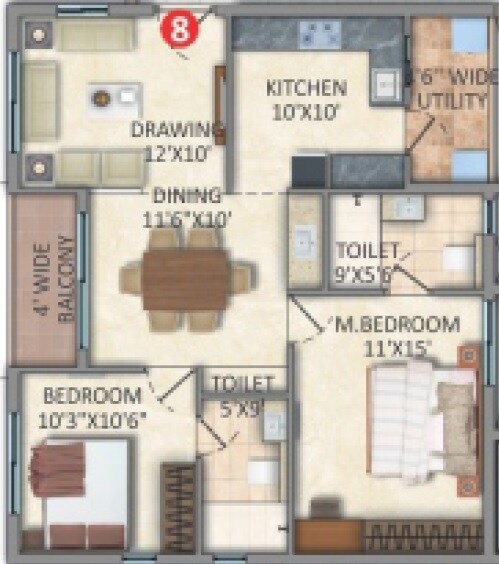 Floor plan of 2 BHK 1175 Sq. Ft. Apartment in Icon Alta Monte, Hyderabad