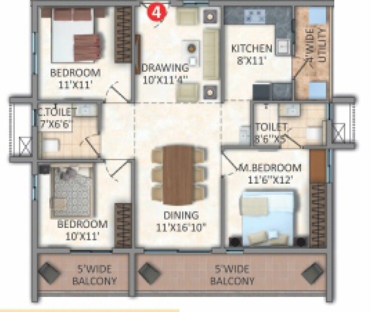 Floor plan of 3 BHK 1545 Sq. Ft. Apartment in Icon Alta Monte, Hyderabad