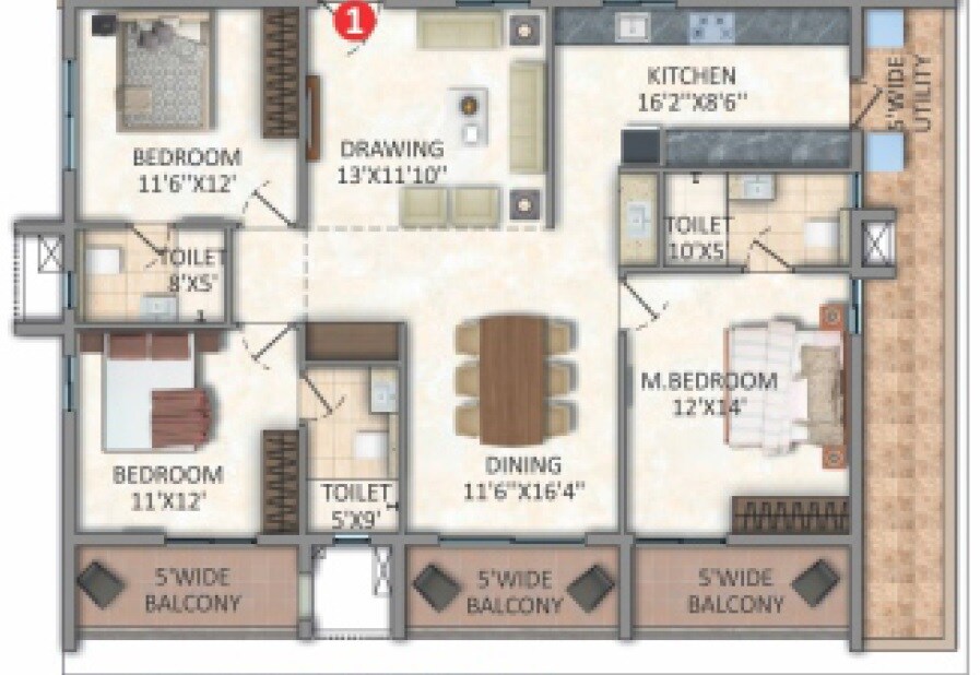 Floor plan of 3 BHK 2090 Sq. Ft. Apartment in Icon Alta Monte, Hyderabad