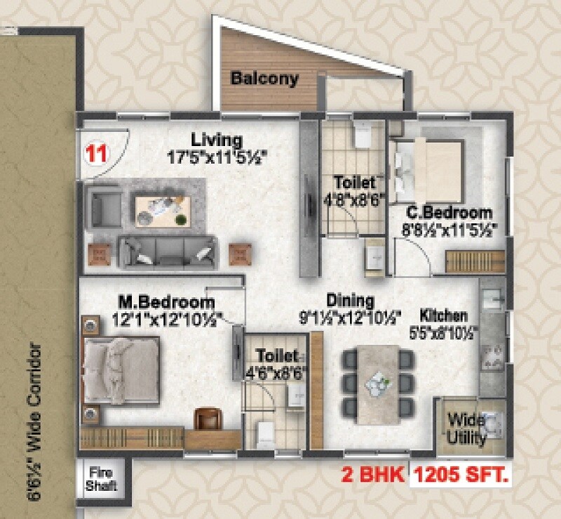 Floor plan of 2 BHK 1205 Sq. Ft. Apartment in Icon Paramount, Hyderabad