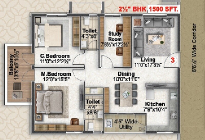 Floor plan of 2 BHK 1500 Sq. Ft. Apartment in Icon Paramount, Hyderabad