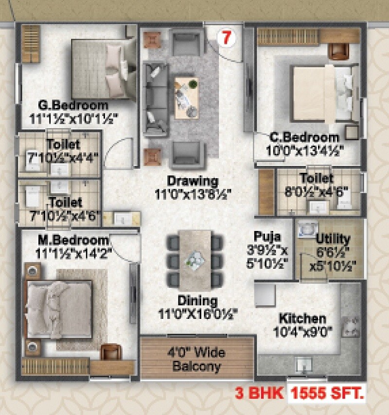 Floor plan of 3 BHK 1555 Sq. Ft. Apartment in Icon Paramount, Hyderabad