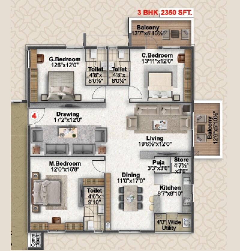 Floor plan of 3 BHK 2350 Sq. Ft. Apartment in Icon Paramount, Hyderabad