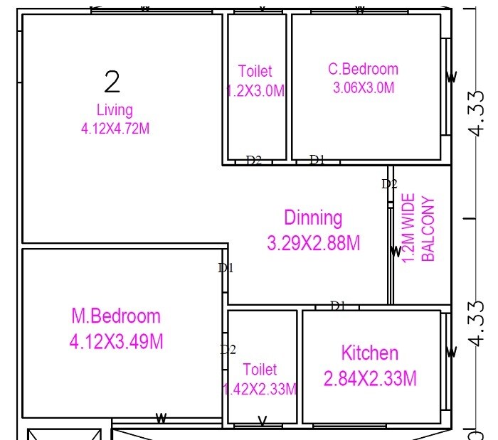 Floor plan of 2 BHK 980 Sq. Ft. Apartment in Icon Tower, Hyderabad