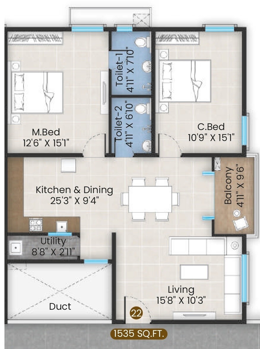 Floor plan of 2 BHK 1535 Sq. Ft. Apartment in Ideas Shoba Nath, Hyderabad
