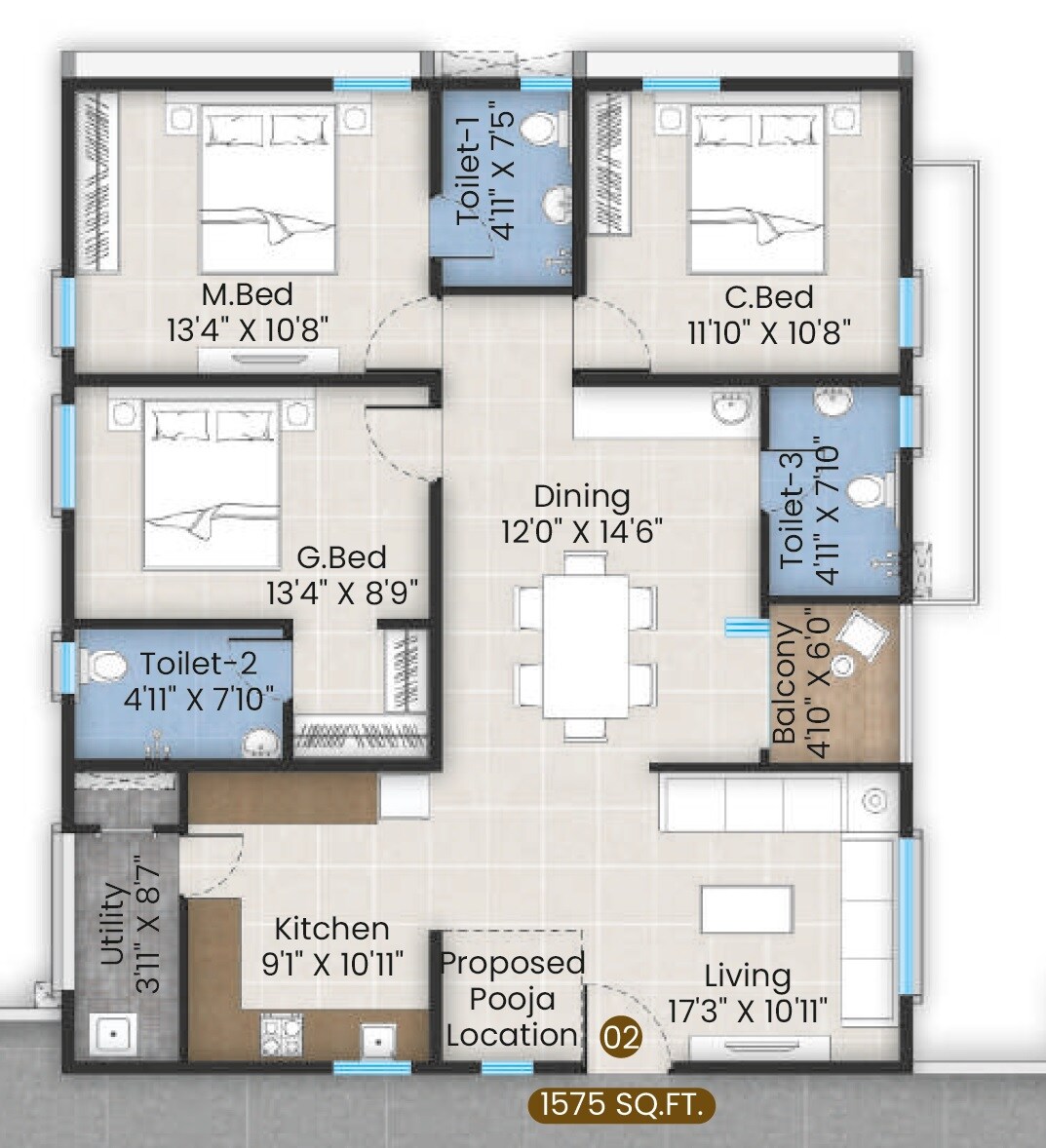Floor plan of 3 BHK 1575 Sq. Ft. Apartment in Ideas Shoba Nath, Hyderabad