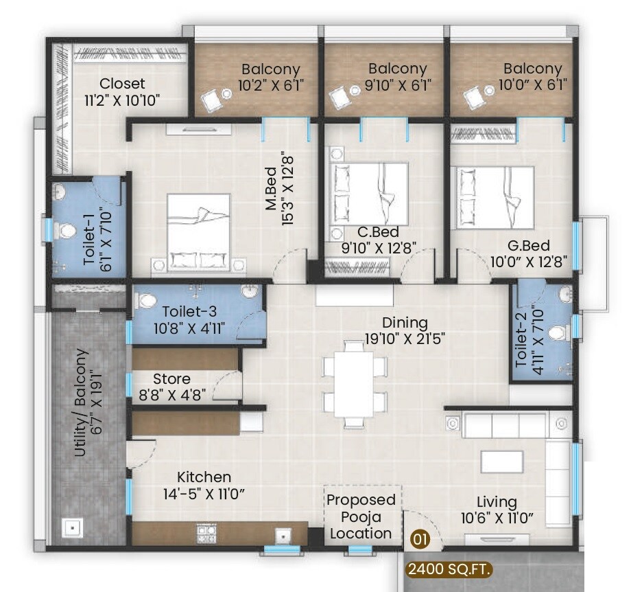 Floor plan of 3 BHK 2400 Sq. Ft. Apartment in Ideas Shoba Nath, Hyderabad