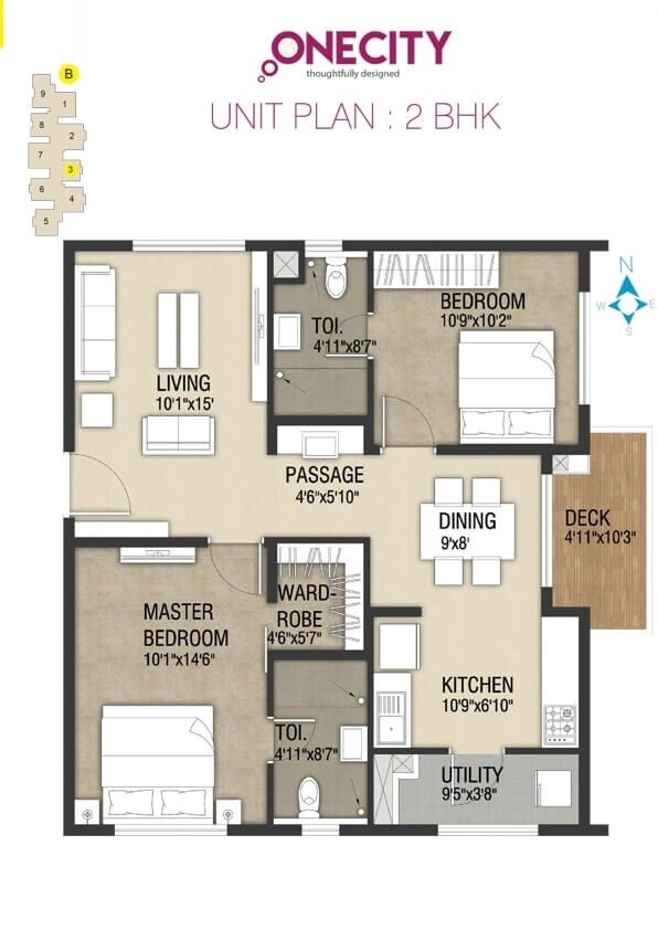Floor plan of 2 BHK 1216 Sq. Ft. Apartment in Incor One City, Hyderabad