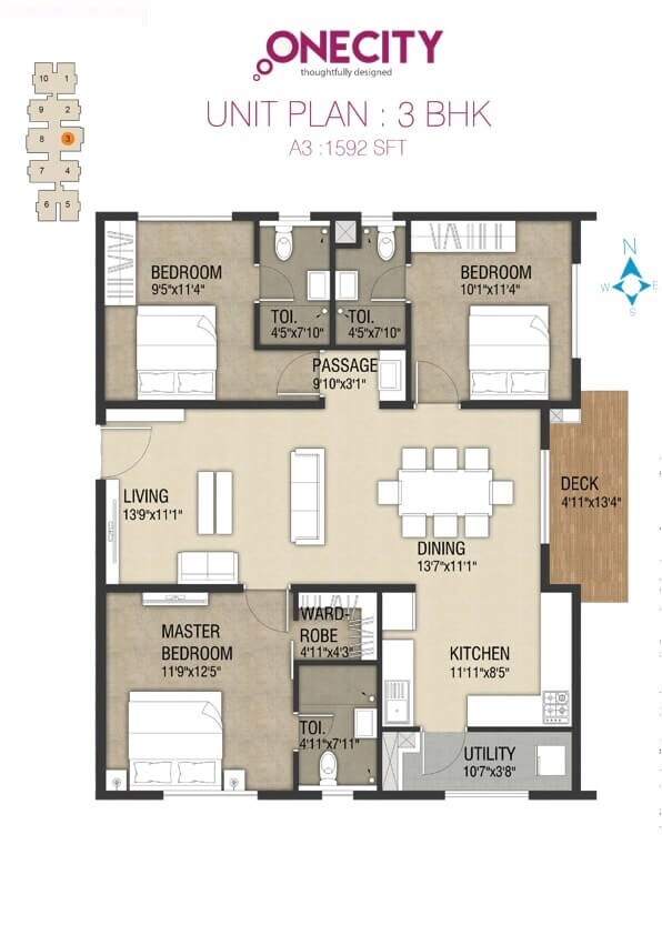 Floor plan of 2 BHK 1592 Sq. Ft. Apartment in Incor One City, Hyderabad