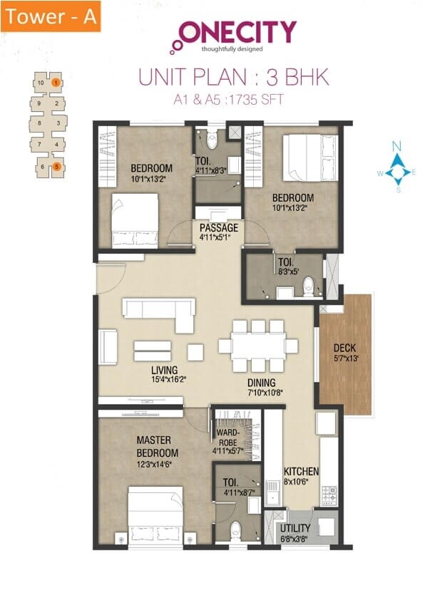 Floor plan of 3 BHK 1735 Sq. Ft. Apartment in Incor One City, Hyderabad