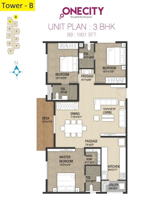 Floor plan of 3 BHK 1931 Sq. Ft. Apartment in Incor One City, Hyderabad