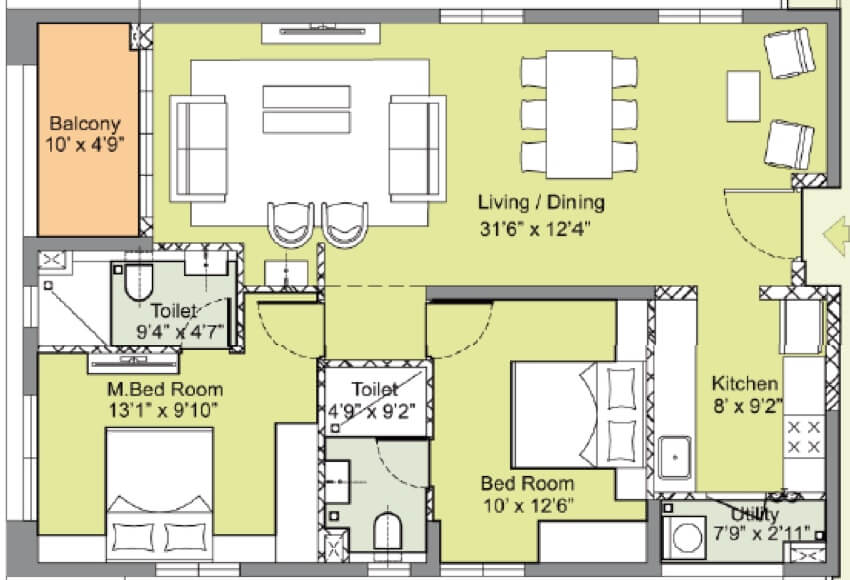 Floor plan of 2 BHK 1180 Sq. Ft. Apartment in INDIS PBEL City, Hyderabad