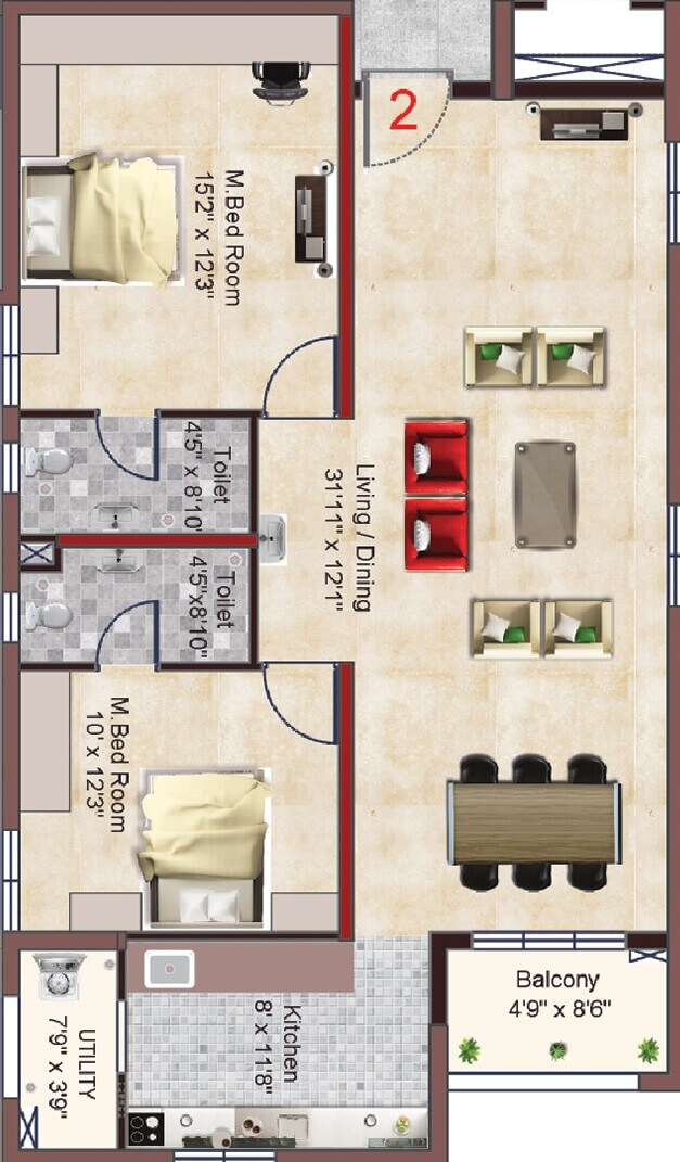 Floor plan of 2 BHK 1376 Sq. Ft. Apartment in INDIS PBEL City, Hyderabad