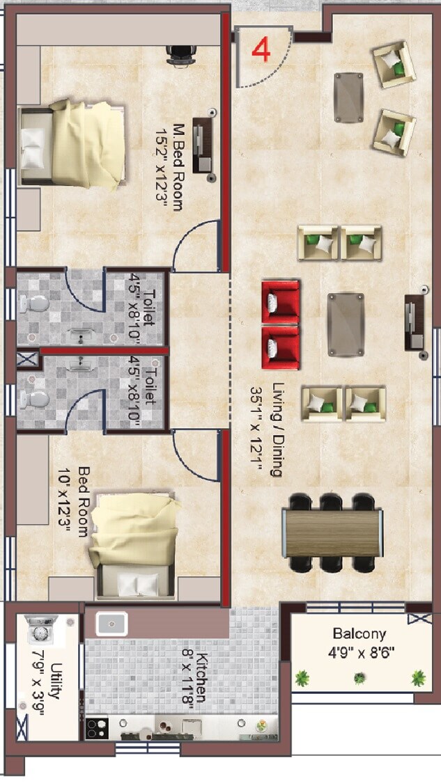 Floor plan of 2 BHK 1400 Sq. Ft. Apartment in INDIS PBEL City, Hyderabad
