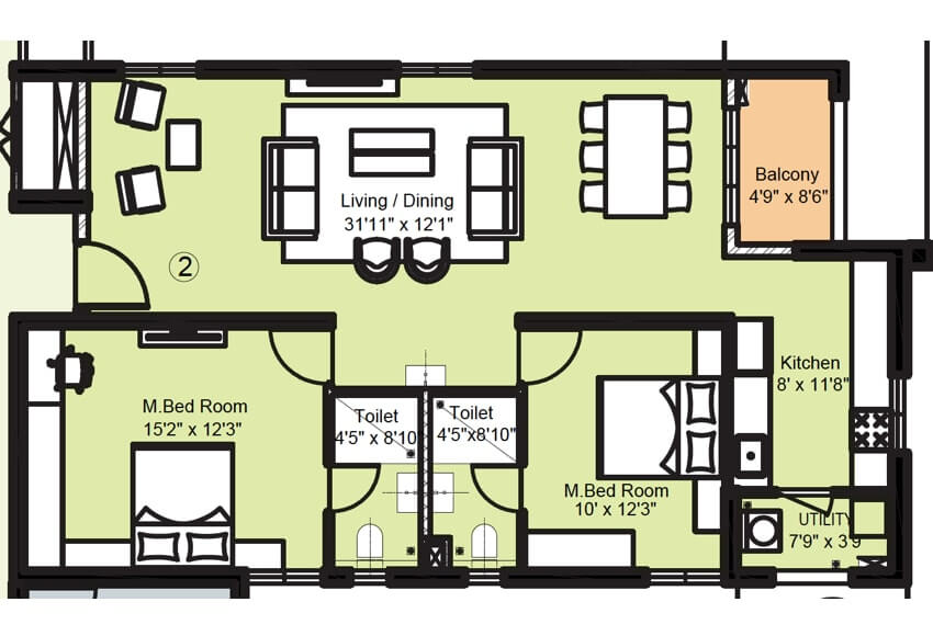 Floor plan of 2 BHK 1524 Sq. Ft. Apartment in INDIS PBEL City, Hyderabad