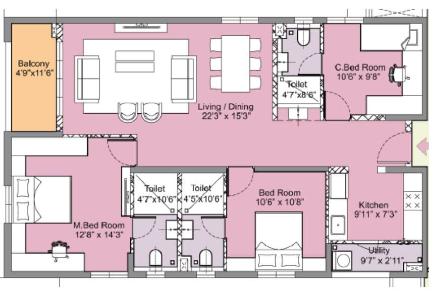 Floor plan of 3 BHK 1534 Sq. Ft. Apartment in INDIS PBEL City, Hyderabad