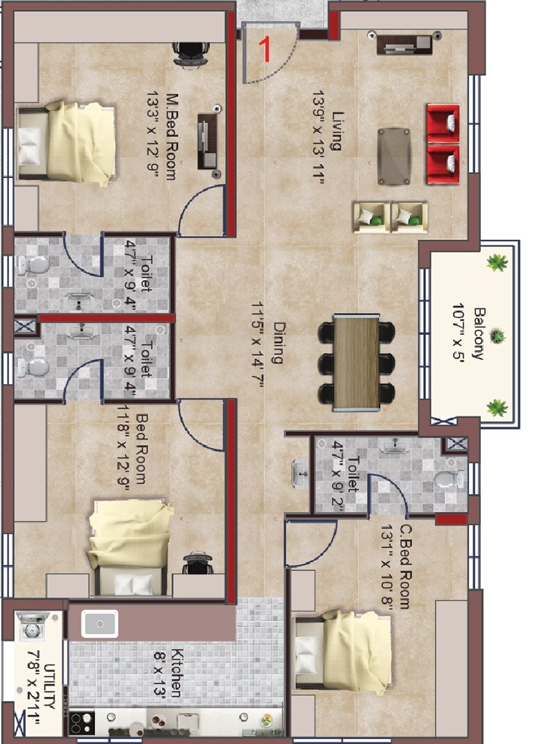 Floor plan of 3 BHK 1628 Sq. Ft. Apartment in INDIS PBEL City, Hyderabad