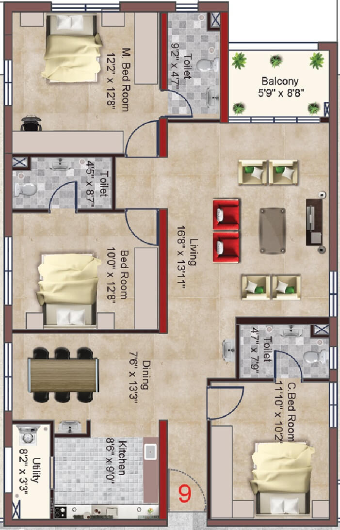 Floor plan of 3 BHK 1659 Sq. Ft. Apartment in INDIS PBEL City, Hyderabad