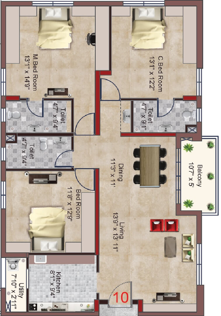 Floor plan of 3 BHK 1707 Sq. Ft. Apartment in INDIS PBEL City, Hyderabad