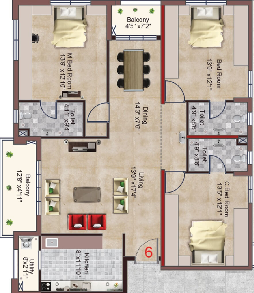 Floor plan of 3 BHK 1788 Sq. Ft. Apartment in INDIS PBEL City, Hyderabad