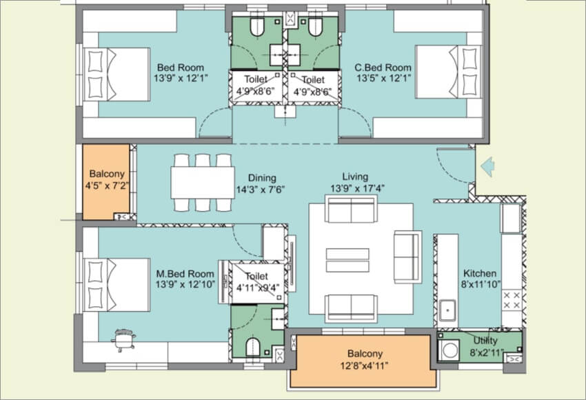 Floor plan of 3 BHK 1966 Sq. Ft. Apartment in INDIS PBEL City, Hyderabad