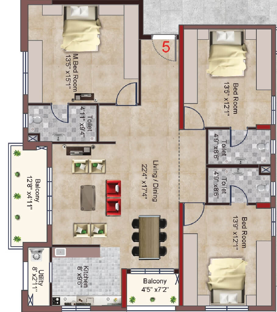 Floor plan of 3 BHK 1972 Sq. Ft. Apartment in INDIS PBEL City, Hyderabad