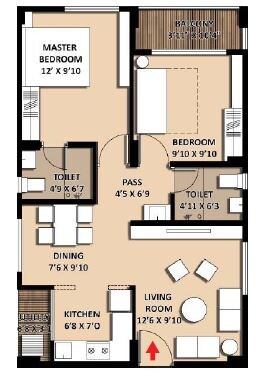Floor plan of 2 BHK 842 Sq. Ft. Apartment in INDIS VB City, Hyderabad