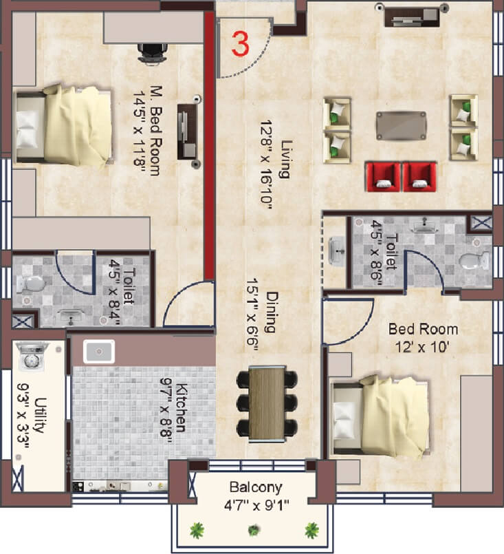 Floor plan of 2 BHK 1268 Sq. Ft. Apartment in INDIS PBEL City, Hyderabad