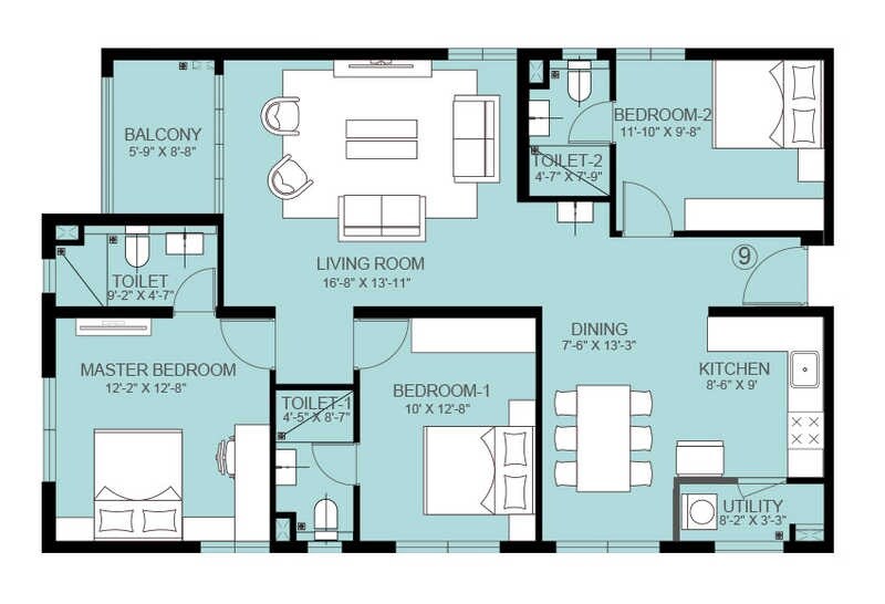 Floor plan of 3 BHK 1800 Sq. Ft. Apartment in INDIS PBEL City, Hyderabad