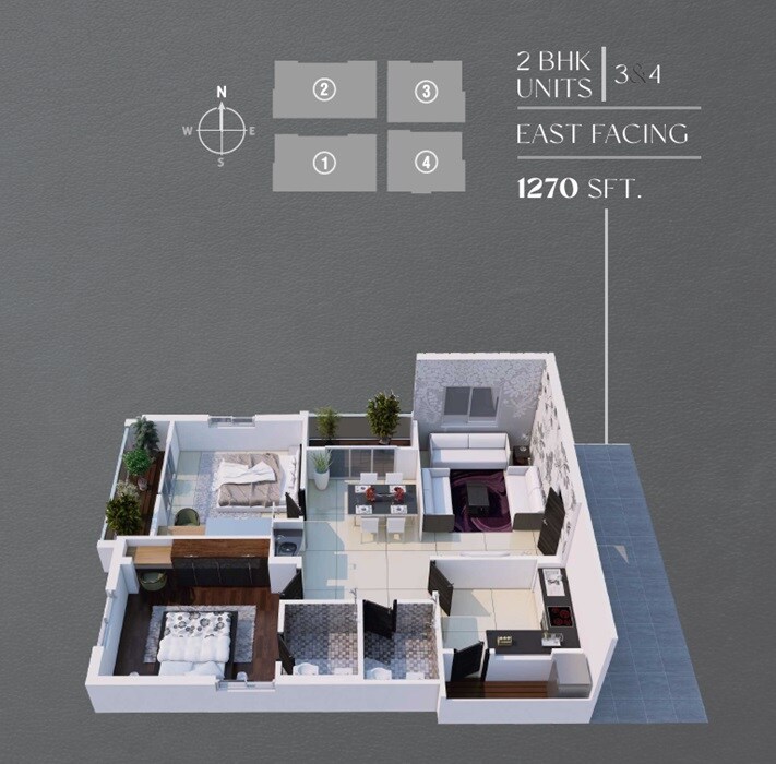 Floor plan of 2 BHK 1270 Sq. Ft. Apartment in Indraprastha Residency, Hyderabad