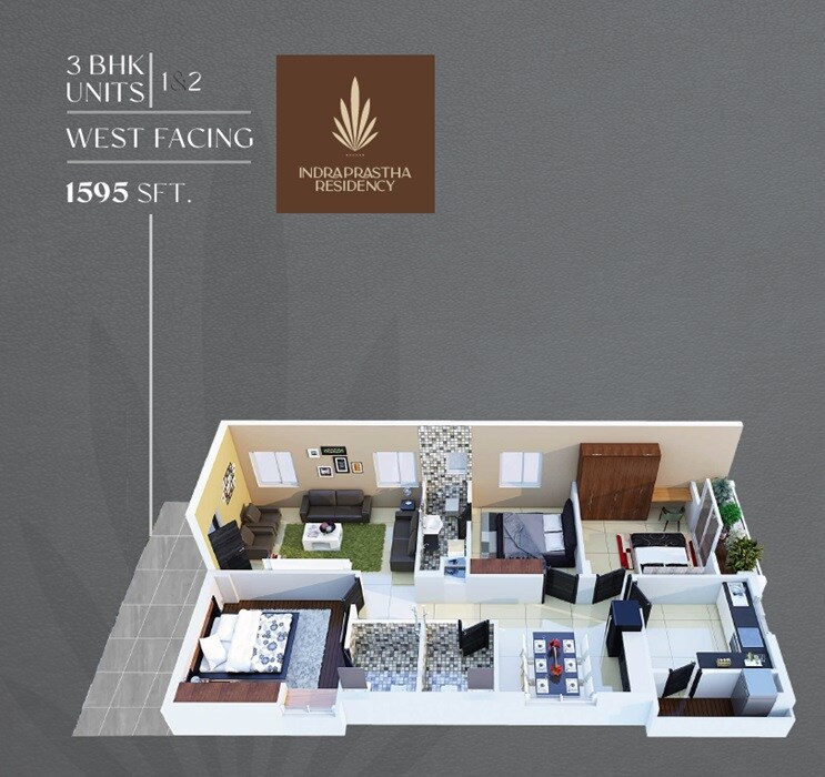 Floor plan of 3 BHK 1595 Sq. Ft. Apartment in Indraprastha Residency, Hyderabad