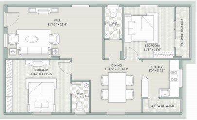 Floor plan of 2 BHK 1285 Sq. Ft. Apartment in Infocity Emerald, Hyderabad