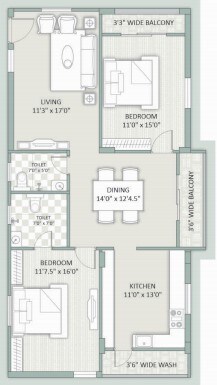 Floor plan of 2 BHK 1525 Sq. Ft. Apartment in Infocity Emerald, Hyderabad