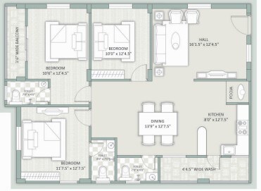 Floor plan of 3 BHK 1610 Sq. Ft. Apartment in Infocity Emerald, Hyderabad