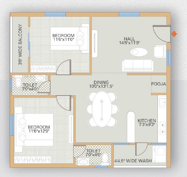 Floor plan of 2 BHK Apartment - 1190 sq. ft. in Infocity Eyrie, Hyderabad