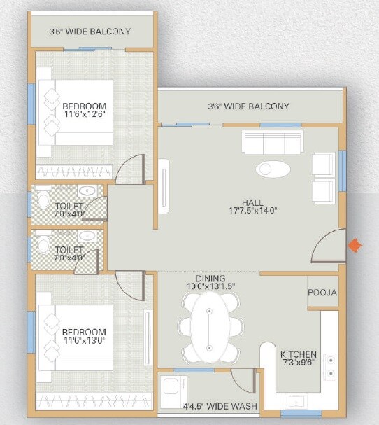 Floor plan of 2 BHK Apartment - 1385 sq. ft. in Infocity Eyrie, Hyderabad