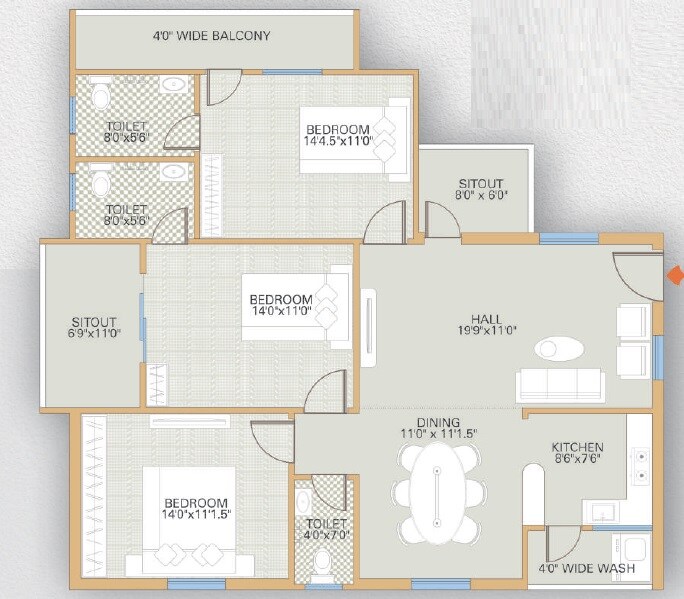 Floor plan of 3 BHK Apartment - 1765 sq. ft. in Infocity Eyrie, Hyderabad
