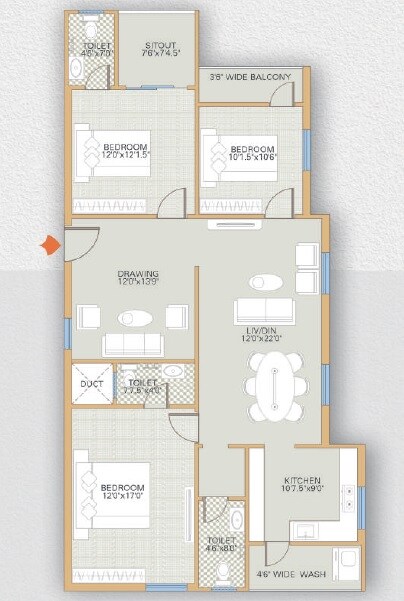 Floor plan of 3 BHK Apartment - 1810 sq. ft. in Infocity Eyrie, Hyderabad