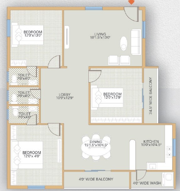 Floor plan of 3 BHK Apartment - 1905 sq. ft. in Infocity Eyrie, Hyderabad
