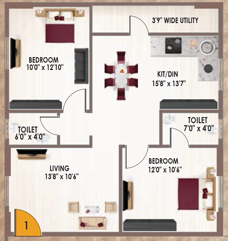 Floor plan of 2 BHK 1045 Sq. Ft. Apartment in Infocity Majestic, Hyderabad