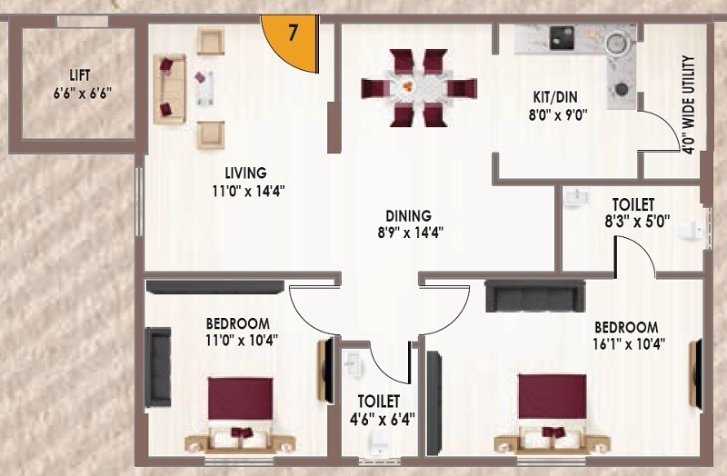 Floor plan of 2 BHK 1155 Sq. Ft. Apartment in Infocity Majestic, Hyderabad