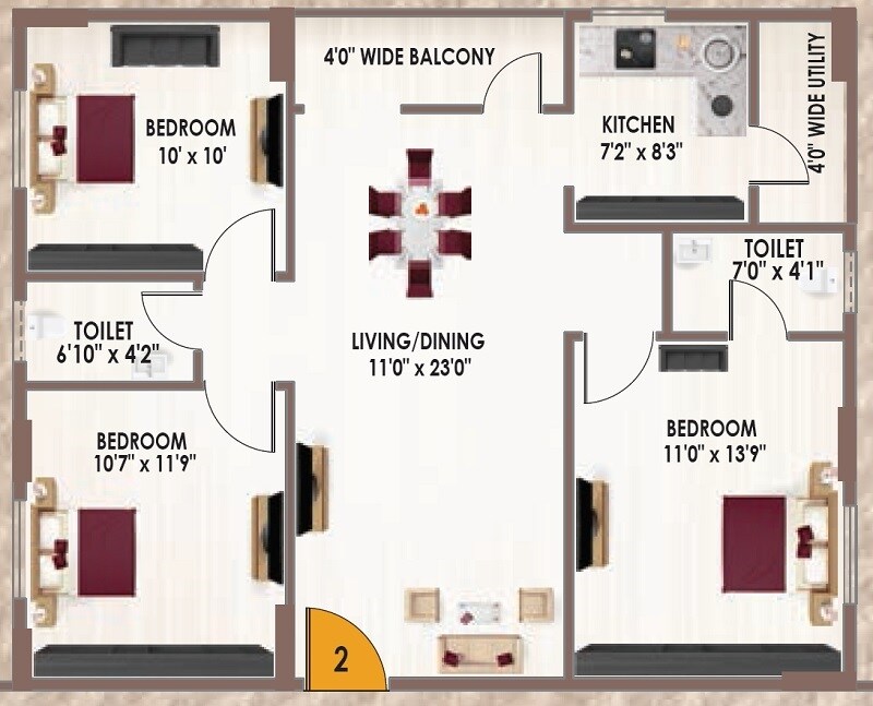 Floor plan of 3 BHK 1270 Sq. Ft. Apartment in Infocity Majestic, Hyderabad