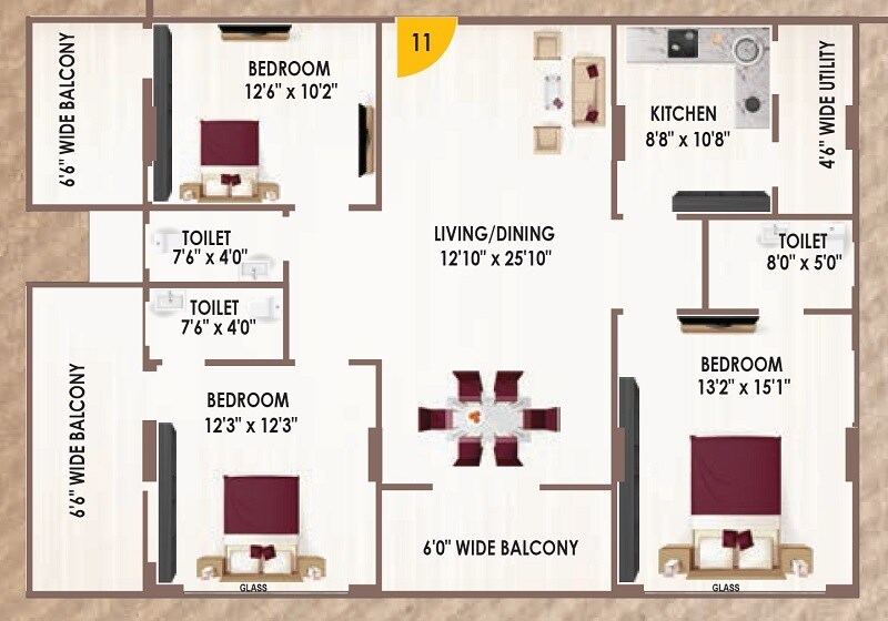 Floor plan of 3 BHK 1995 Sq. Ft. Apartment in Infocity Majestic, Hyderabad
