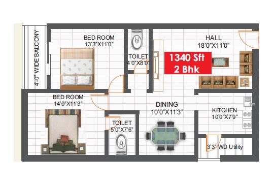 Floor plan of 2 BHK 1340 Sq. Ft. Apartment in Infocity Marvel, Hyderabad