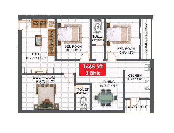 Floor plan of 3 BHK 1665 Sq. Ft. Apartment in Infocity Marvel, Hyderabad