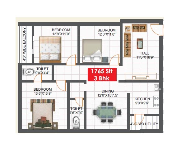Floor plan of 3 BHK 1765 Sq. Ft. Apartment in Infocity Marvel, Hyderabad
