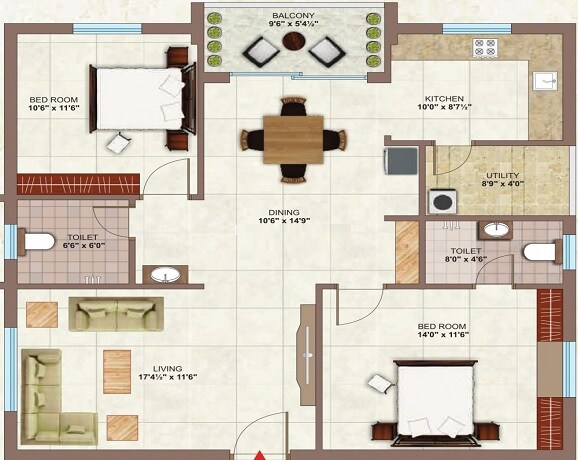 Floor plan of 2 BHK 1271 Sq. Ft. Apartment in Infocity Premlatha Grandeur, Hyderabad