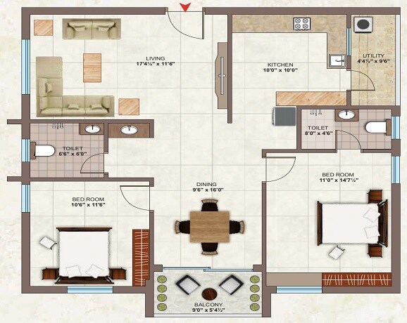 Floor plan of 2 BHK 1286 Sq. Ft. Apartment in Infocity Premlatha Grandeur, Hyderabad